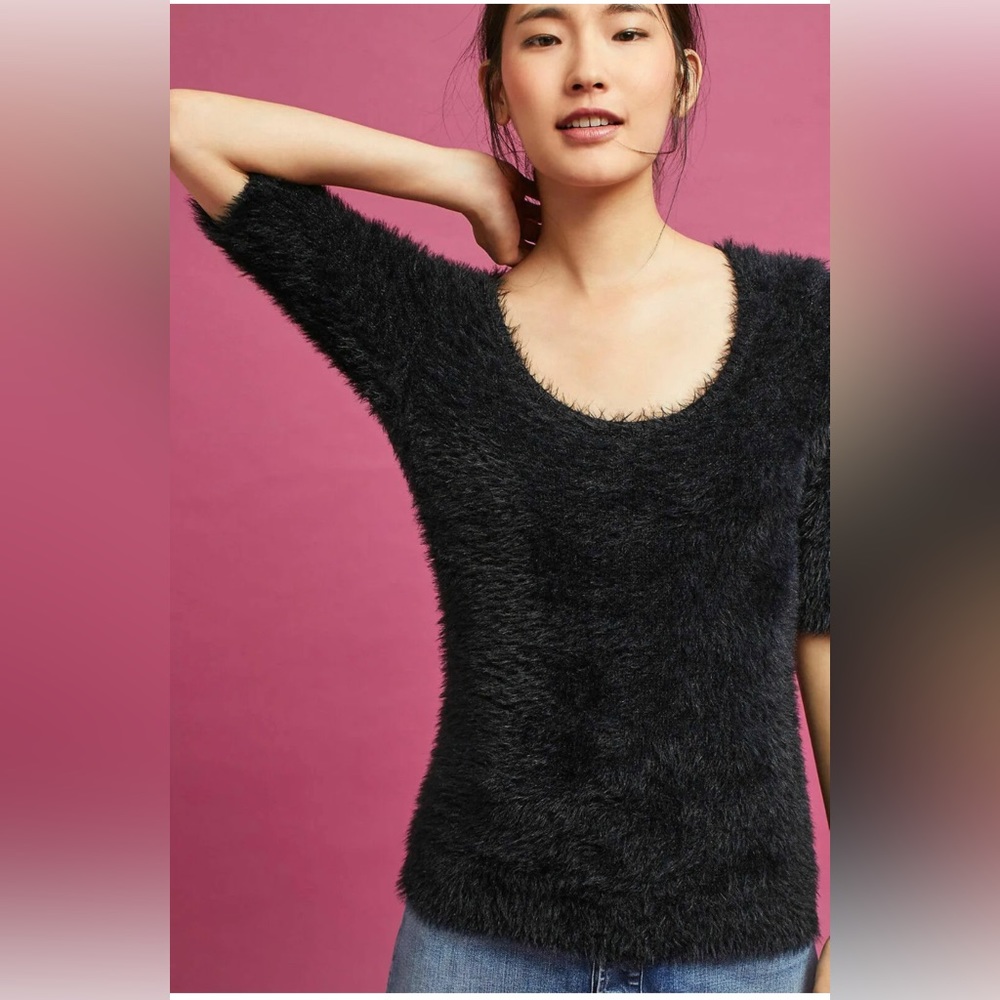 Anthropologie Knitted & Knotted Isola Black Furry Pullover Sweater